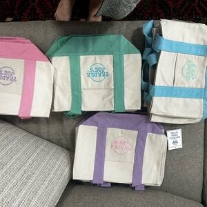 Trader Joe's Canvas Tote Bag Set - Pink, Green, Blue, Purple 4 bags for $75
